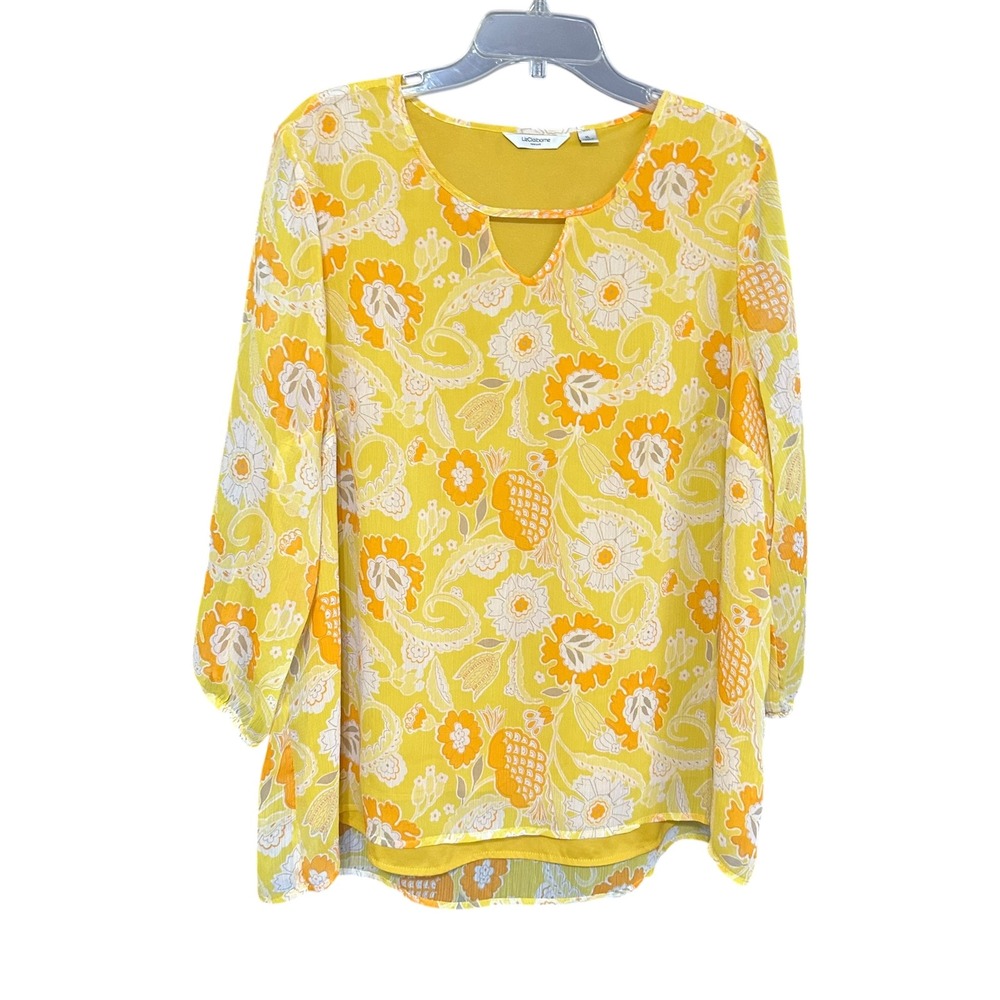 Liz Claiborne Yellow Floral Keyhole Neck 3/4 Sleeve Peasant Top Women XL Cottage